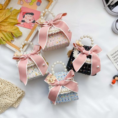 2021 Winter New Pearl Hand Children's Bags Chanel-Style Bow Accessories Shoulder Crossbody Princess Woolen Bag