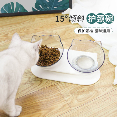Cat Bowl Transparent Double Bowl Cat Food Bowl Water Bowl Cat Food Holder Cat Bowl Rack Dog Bowl Dog Food Basin Oblique Mouth Spine Protection Pet Bowl