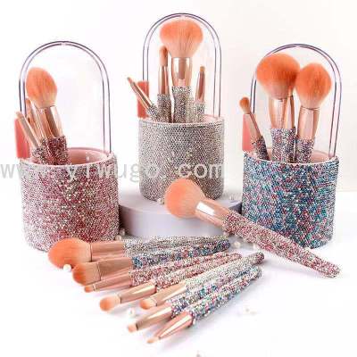 High-End Rhinestone-Encrusted Makeup Brushes 12 Sets Hot Sale Factory Direct Sales Stick-on Crystals Eyebrow BrushMakeup