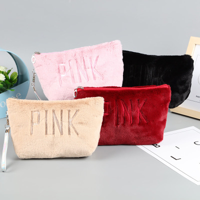 2021 New Pink Embroidered Plush Cosmetic Bag Korean Fashion Storage Bag Can Be Customized Logo Factory Direct Sales
