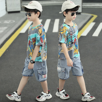 Children's Clothing Boys Summer Suit 2021 New Children's Western Style Fashion Summer Middle and Big Children Handsome Short Sleeve Two-Piece Set