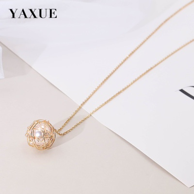 Korean Fashion Hollow Ball Bag Imitation Pearl Simple Grace Personality All-Match Pendant Necklace Necklace Women's Sweater Chain