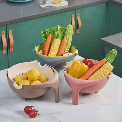 Double-Layer Washing Vegetable Basket Plastic Drain Basket Kitchen Large Thickened Rotating Washing Basin Household