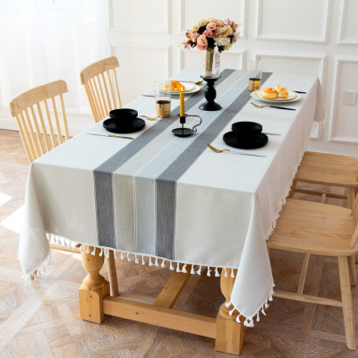 Modern Simple Fabric Striped Tablecloth Party Party Stitching Tassel Cotton Linen Dustproof Dining Table Cushion Decorative Table Cover