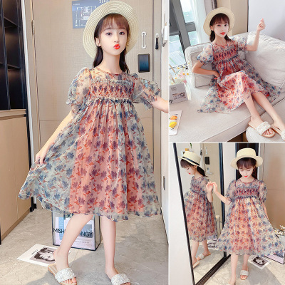 Girls' Dress Summer 2021 New Fashionable Children's Clothing Girl Princess Dress Summer Lace Skirt Children's Gauze Dress