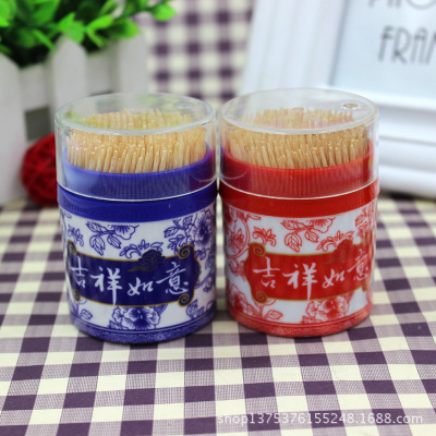 Factory Direct Sales Natural Bamboo Toothpick Auspicious Ruyi Canned Blue and White Porcelain Does Not Hurt Gum Sulfur-Free Wholesale