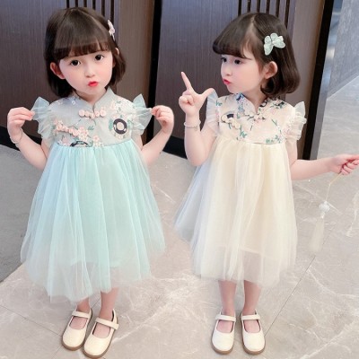 Children's Clothing 2021 Summer New Korean Style Girls' Princess Dress Children's Circle Cheongsam Hanfu Tulle Skirt Sleeveless Skirt