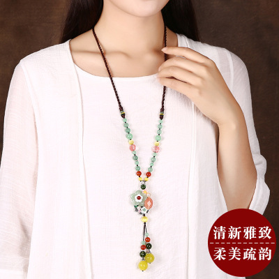 Ethnic Style Original Women's Long Aventurine Imitation Opal Pendant Sweater Chain Retro Fashion Elegant Factory Wholesale
