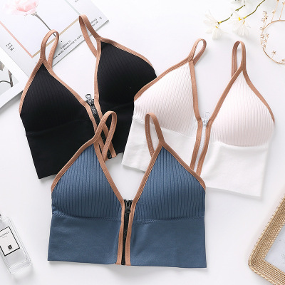 New Deep V Front Zipper Beautiful Back Wrapped Chest Women's Small Breast Push up Underwear Anti-Slip Sling Vest Summer