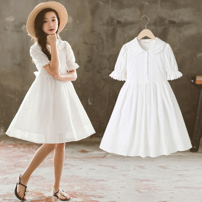 2021 Princess Dress Solid Color White Korean Style Short Sleeve Western Style Women's Summer Chanel-Style Embroidered Dress Children's Clothing