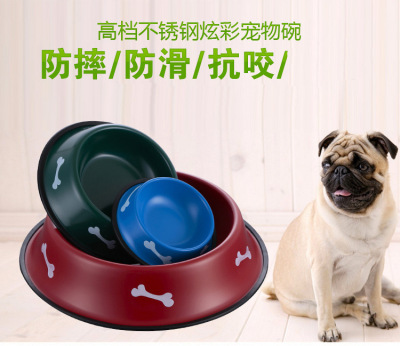 Paint Stainless Steel Bowl for Pet Non-Slip Drop-Resistant Cute Bones Food Basin Pet Tableware Factory Direct Sales