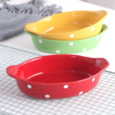 Polka Dot Cheese Baked Rice Plate Microwave Oven Ceramic Western Plate Oven Tableware Creative Dinner Plate Household Baking Bowl