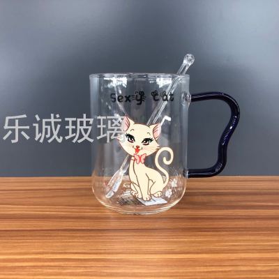 Miss Statement Cat with Handle Water Cup with Spoon Borosilicate Glass Temperature-Resistant Explosion-Proof Household Personalized Water Cup