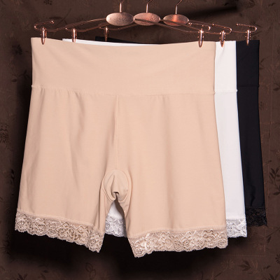 Summer Anti-Wardrobe Malfunction Pants Leggings High Waist Belly Contracting Women's Underwear Lace Edge Seamless Ice Silk Short Shorts