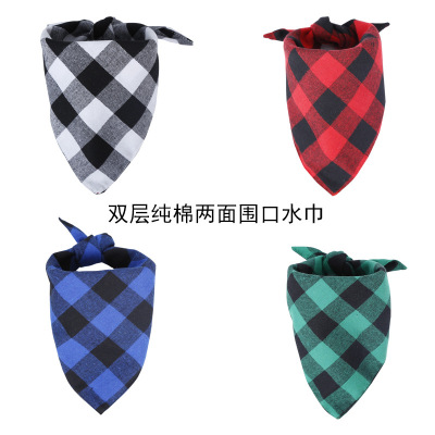 Amazon Hot Sale Pet's Saliva Towel Dog Triangular Binder Double Pure Cotton Plaid Pet Scarf Headscarf Customization