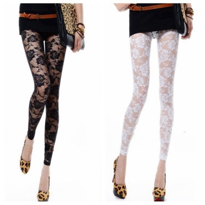2019 Spring and Summer New European and American Fashion Rose Mesh Leggings Sexy See-through Lace Cropped Skinny Pants