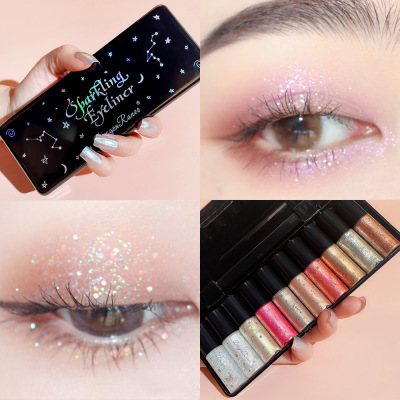 Tiktok Makeup 10 PCs Set Liquid Eyeliner Set Shiny Crystal Diamond Crouching Silkworm Highlight Liquid Eye Shadow Set Box Student Shiny Crystal