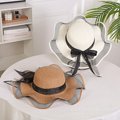 Hat Women's Summer Beach Hat Bow Straw Hat Korean Style Versatile Sun-Proof Travel Sun Hat Temperament Vacation Hat