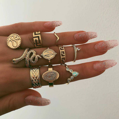 Europe and America Cross Border New Knuckle Ring Creative Retro Figure Diamond-Studded Ring Set Snake Ring 10-Piece Set