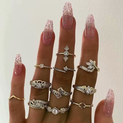 Europe and America Cross Border New Accessories Fashion Diamond Water Drop Flower Hollow Cross Combination 11-Piece Ring Set
