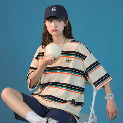 2021 Summer Retro Hong Kong Style Color Striped Short-Sleeved T-shirt Women's round Neck Loose T-shirt Top