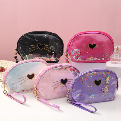 2021 New Pu Cosmetic Bag Cat Travel Toiletry Bag Ins Double-Layer Clutch Translucent Portable Storage Bag