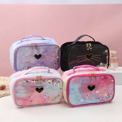 New Plush Cat Sequin Cubic Bag Loves and Cats Quicksand Storage Bag Portable Cosmetic Storage Wholesale