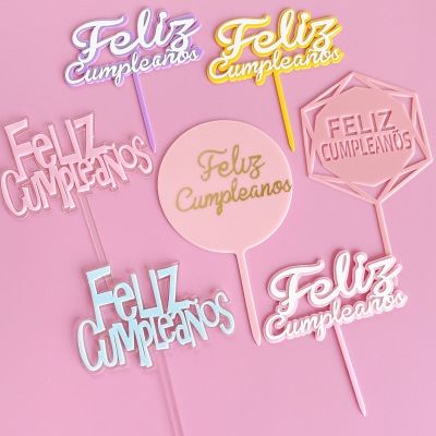 Copyright Spanish Cross-Border Acrylic Birthday Insertion Feliz Cumpleanos Baking Cake Inserting Card