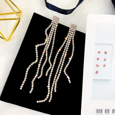 925 Silver Needle Korean Style Fashionable Simple Dignified Rhinestone Long Internet Influencer Earrings Exaggerated Tassel Earrings for Women Ear Rings
