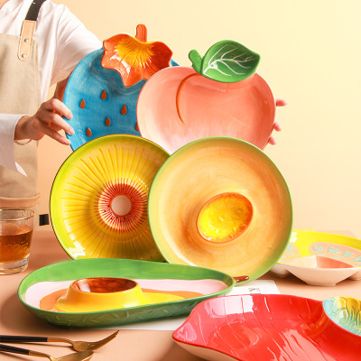Multifunctional Dumpling Plate with Vinegar Dish Hand Painted Strawberry Plate Creative Household Grid Plate Ceramic Tableware