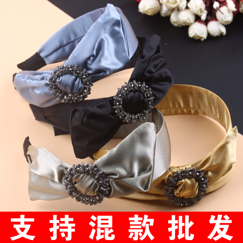 classic style bow wide edge headband female korean internet influencer hairpin simple square buckle diamond-embedded adult hair accessories headband