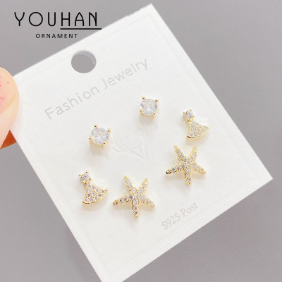 Korean Exquisite 925 Silver Needle Starfish Zircon Female Stud Earrings Niche Design All-Matching Graceful One Card Three Pairs Earrings