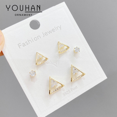 Korean Style Popular Sterling Silver Needle Small Ear Studs One Card Three Pairs Set Combination Zircon Anti-Allergy Online Influencer Earrings Women