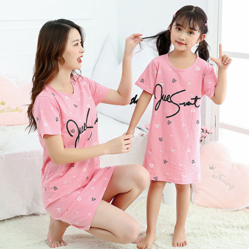children‘s nightdress summer mother and daughter parent-child cartoon short sleeve dress cotton casual sports home wear factory direct batch
