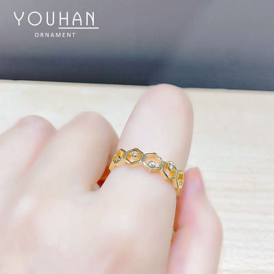 Korean Style Fashion Small Fresh Geometric Micro-Inlaid Women's Ring Japanese and Korean Simple Elegant Open Ring Factory Wholesale