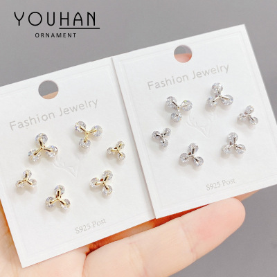 2021 Popular 925 Silver Needle One Card Three Pairs Earrings 3-Piece Set Combination Zircon Anti-Allergy Earrings Internet Celebrity Female Earrings