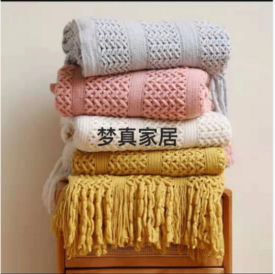 Amazon Hot Nordic Ins Solid Color Tassel Chenille Knitted Casual Blanket Decorative Sofa Blanket Internet Famous Photo Taking Blanket