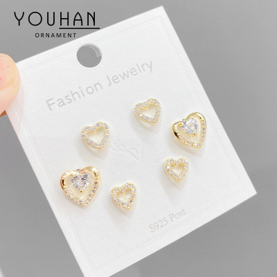 2021 New Sterling Silver Needle Small Ear Studs One Card Three Pairs Set Combination Peach Heart Zircon Anti-Allergy Earrings for Women