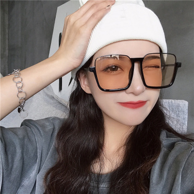 Retro Large Frame Anti Blue-Ray Glasses Ins Xiaohongshu Lower Semi-Rimless Square Sunglasses Women Plain Internet-Famous Sunglasses