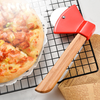 Creative Stainless Steel Axe Type Pizza Cutter Bamboo Handle Single Wheel Pizza Cutter Plastic Pie Separator Baking Gadget