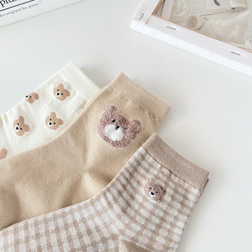 japanese cute bear girl ins trendy mid-calf socks korean autumn and winter plaid preppy style sweet socks