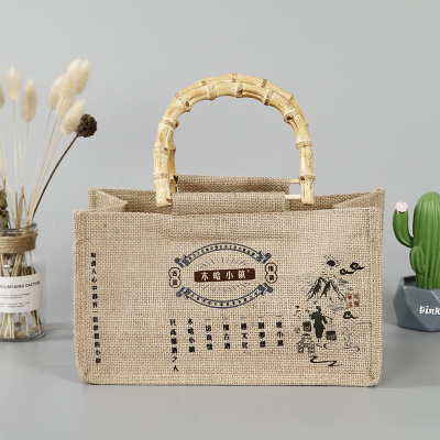Linen Gift Bag Bamboo Handle Linen Portable Shopping Bag Custom Retro Artistic Burlap Bag Custom