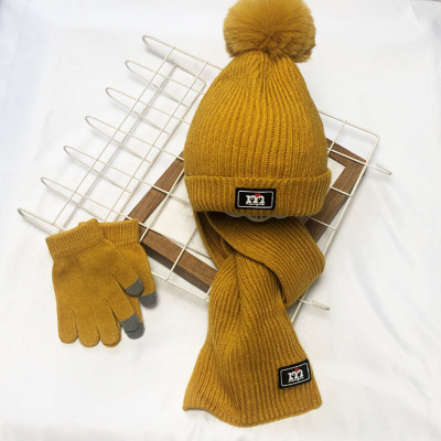 New Winter Baby Pullover Hat Scarf Gloves Three-Piece Set Ear Protection plus Small Short Velvet Thermal Knitting Woolen Cap