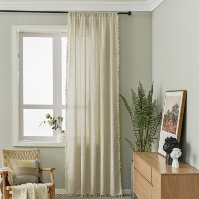 Export Amazon Bedroom Half Shade Curtain Bamboo Cotton and Linen Solid Color Retro Simple Tassel Curtain Finished Product