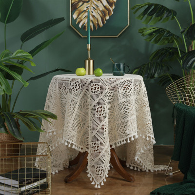 American Pastoral Handmade Crochet Tassel Tablecloth Geometric Diamond Cotton Hollow Decorative Cloth Shooting Props