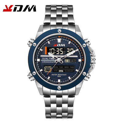 KDM Double Display Mesh Belt Fashion Alarm Clock Calendar Business Quartz Electronic Sports Men's Watches K9068