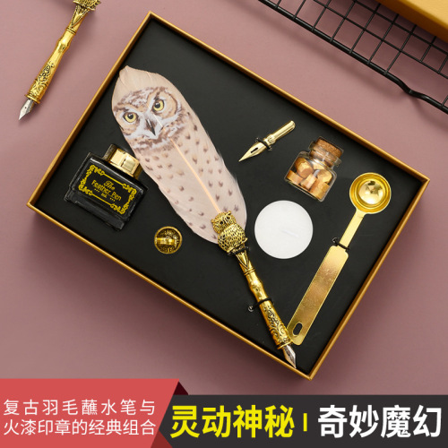 school of magic feather pen suit harry potter owl feather pen gift box retro dipped in water pen customizable