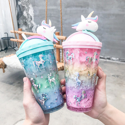 Creative Unicorn Push Cover Plastic Ice Cup Cute Literary Small Fresh Cartoon Double-Layer Straw Water Cup Student Cup