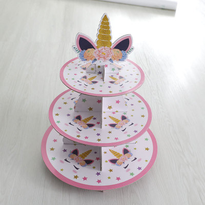 Party Supplies Gold Powder Unicorn Paper Cake Rack Three-Layer Cake Stand Various Patterns and Styles