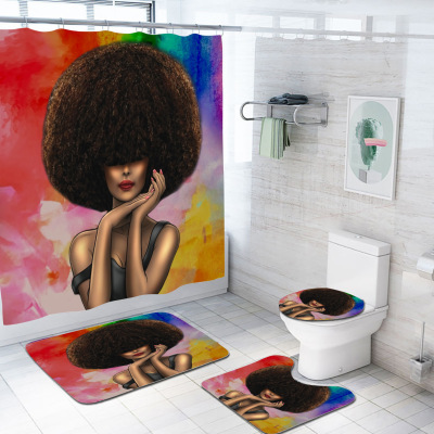 Exclusive for Cross-Border 3D Digital Printing Waterproof Shower Curtain Four-Piece Set Toilet Partition Curtain African Girl Graphic Customization